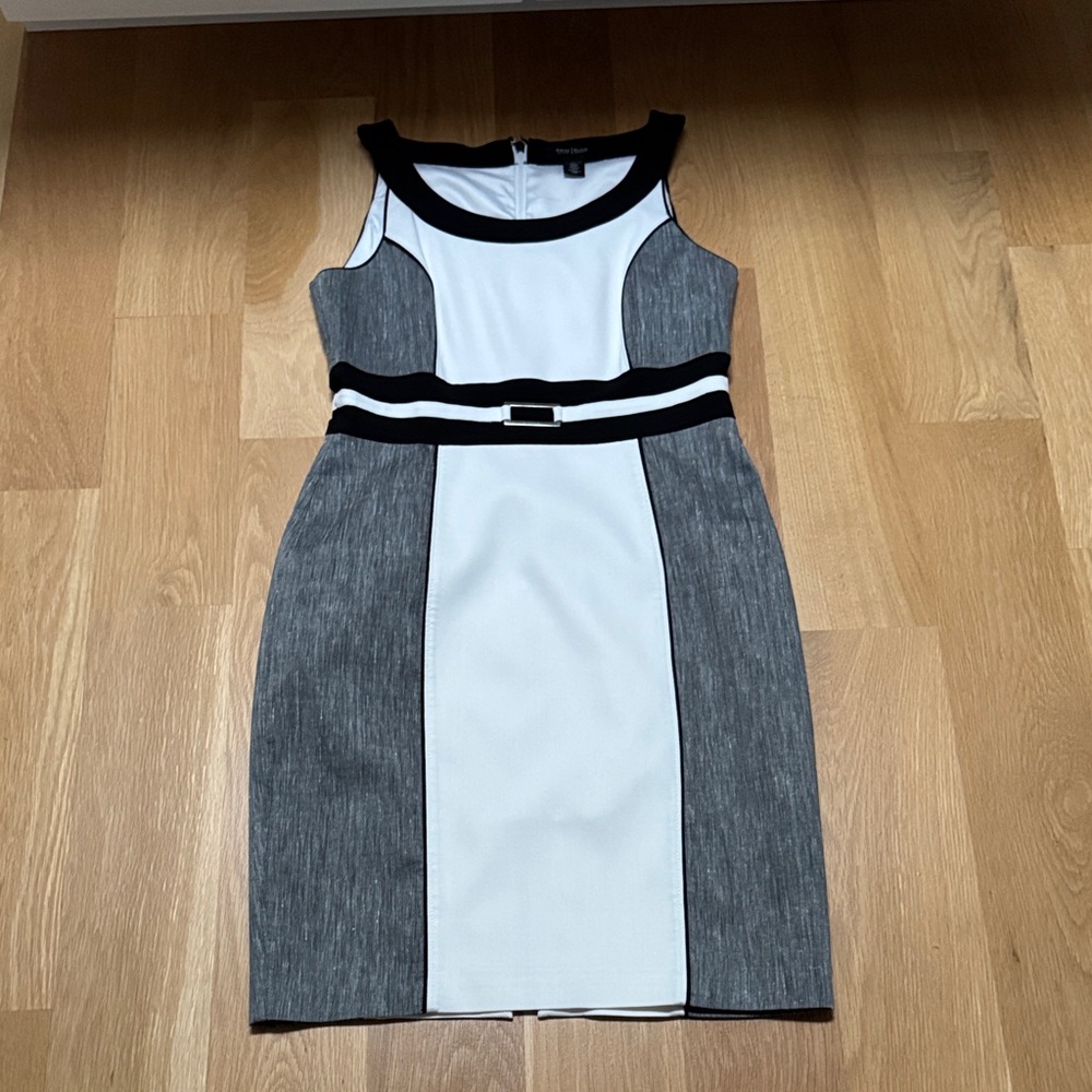 White House Black Market Black and Gray Midi Dress with a matching Bomber Jacket